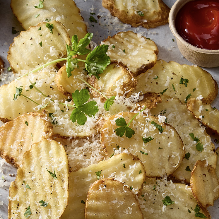 Crispy Potato Canapes with Prosciutto & Herby Garlic Cheese    