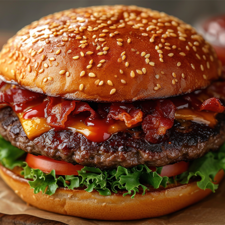 Peach-Infused BBQ Bacon Burger With Fries