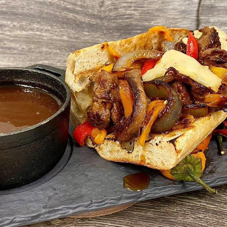 Carne Asada French Dip with Roasted Chile Au Jus