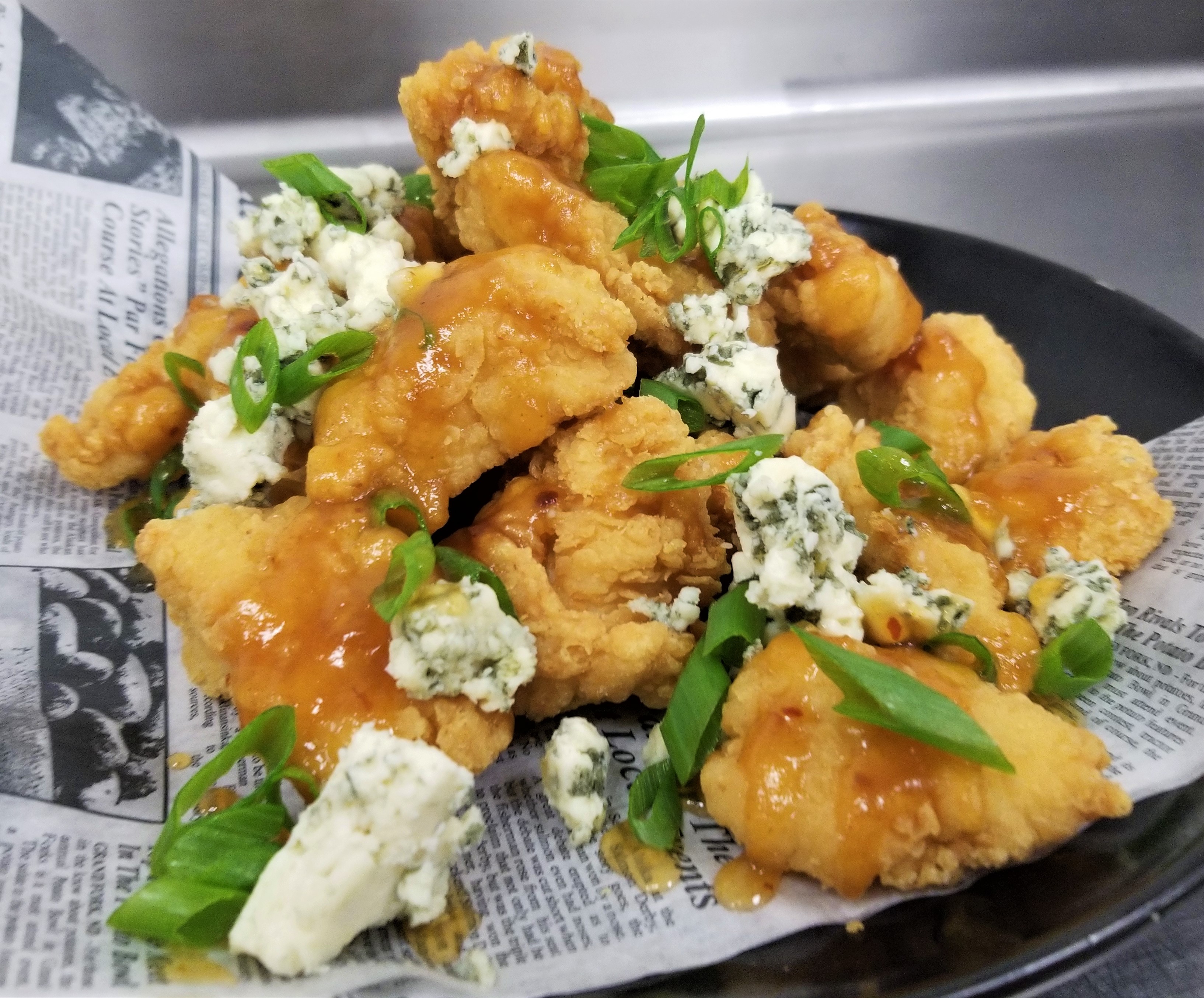 Biscuit Breaded Chicken Chunks with Spicy Honey & Smoked Blue Cheese