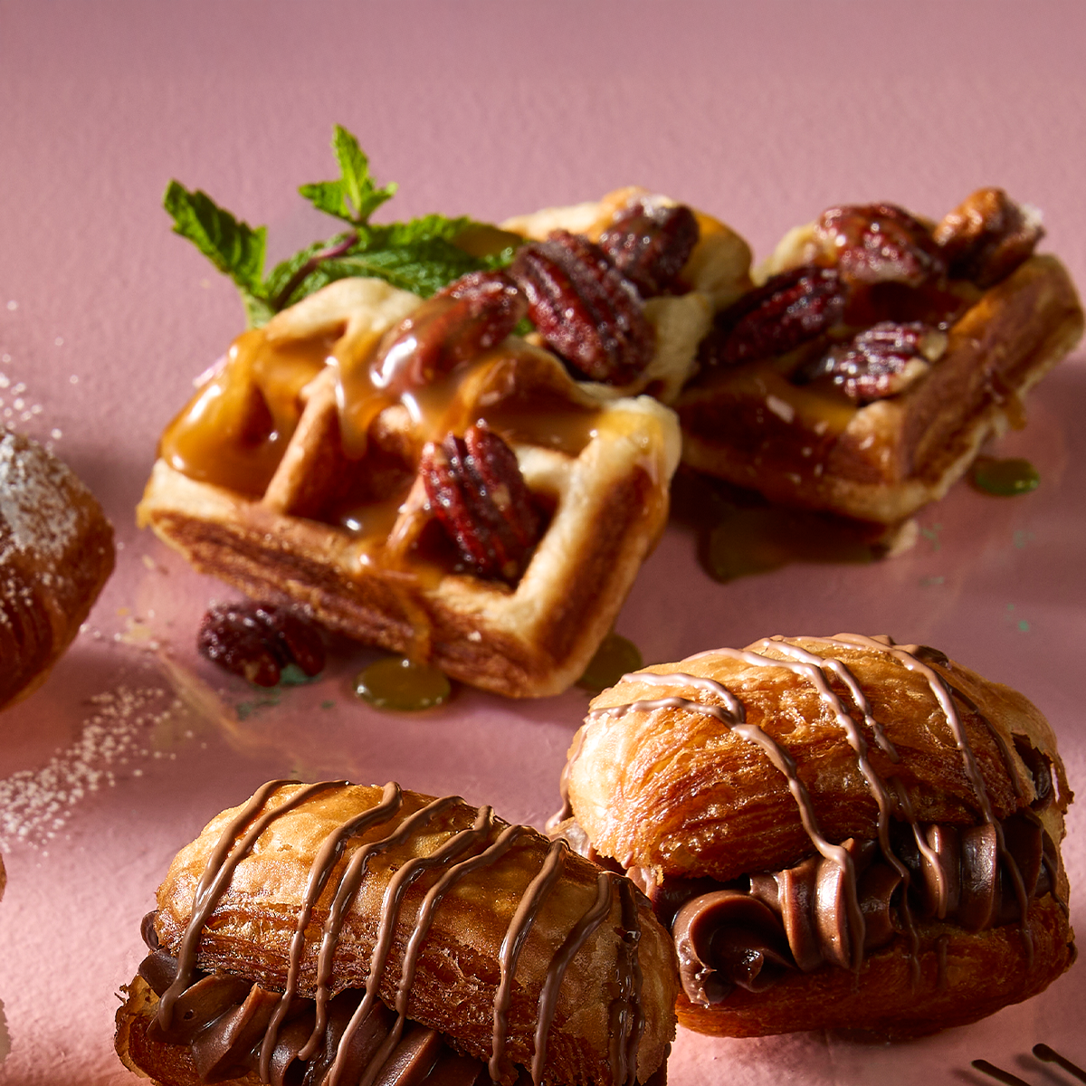 Croissant Beignet Waffles with Praline Sauce 