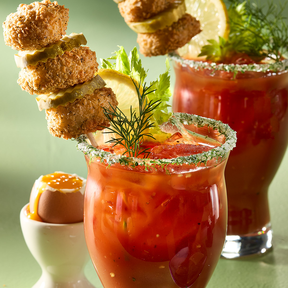 Bloody Mary with Dill Pickle and Cream Cheese Bombs