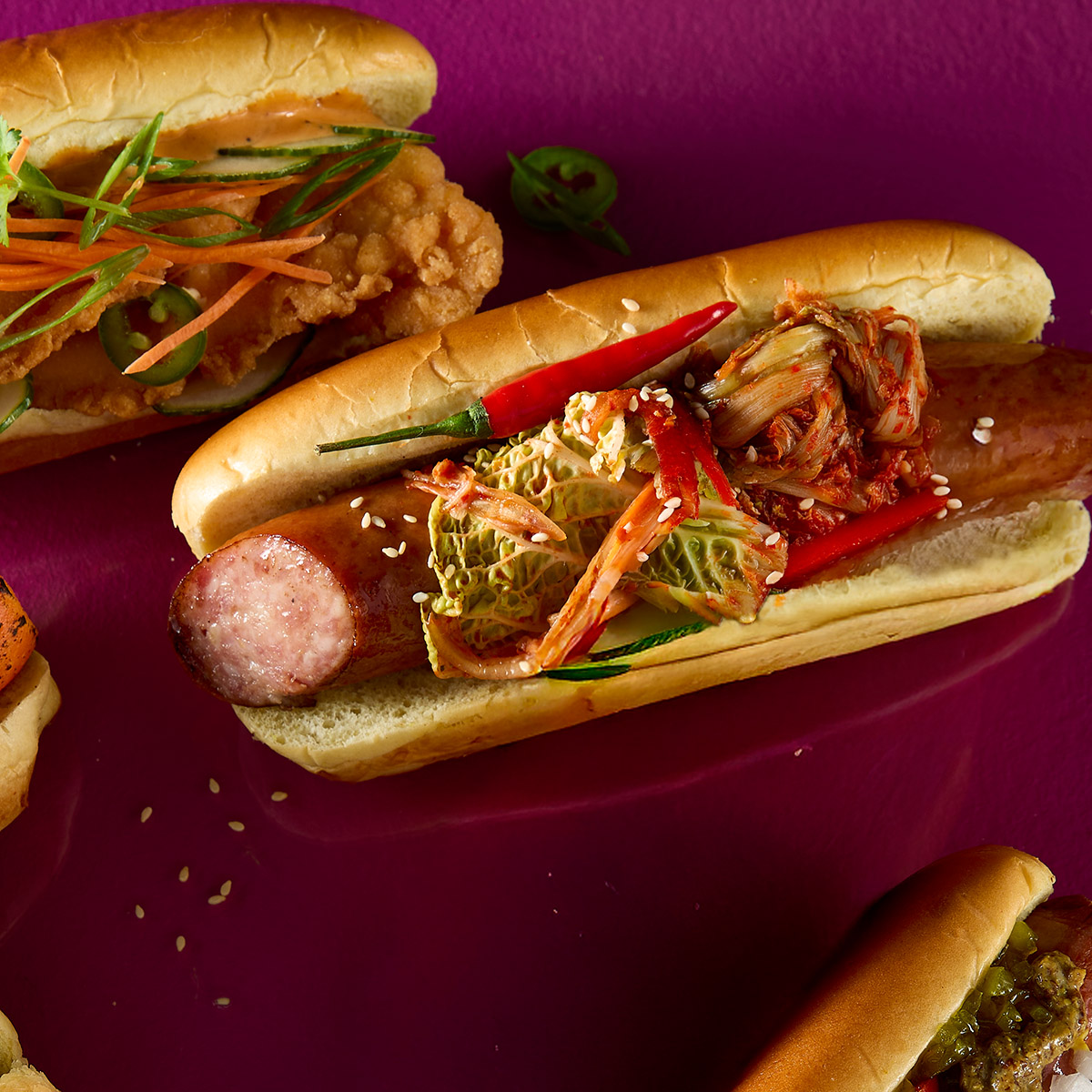 Kielbasa with Kimchi and Butter Brioche Hot Dog Bun